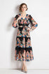 Runway Fashion Spellbind Floral Print, Wrap V-Neck, Ruffled, Belted, Long Sleeve Chiffon Vintage Holiday, Party Maxi Dress